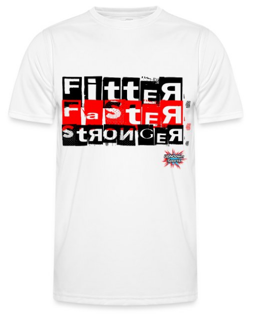 Design T-Shirt Fitness weiß Schrift Fitter faster stronger Logo UpNDownSports