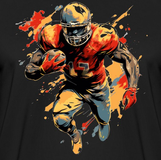 Design T-Shirt dunkler Hintergrund American Football Motiv Footballspieler Splash Farben Logo UpNDownsports