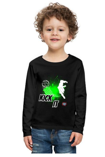 Design Fußball Geburtstag T-Shirt Langarmshirt Kinder schwarz mit Spruch Kick it Logo UpNDownSports