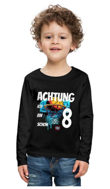 Design Basketball Geburtstag T-Shirt Langarmshirt Kinder schwarz mit Spruch Achtung ich bin schon 8 Motiv Basketballkorb Logo UpNDownSports