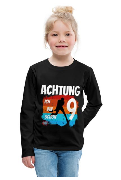 Design Tennis Geburtstag T-Shirt Langarmshirt Kinder schwarz mit Spruch Motiv Tennisspieler Spruch Achtung ich bin schon 9 Logo UpNDownSports