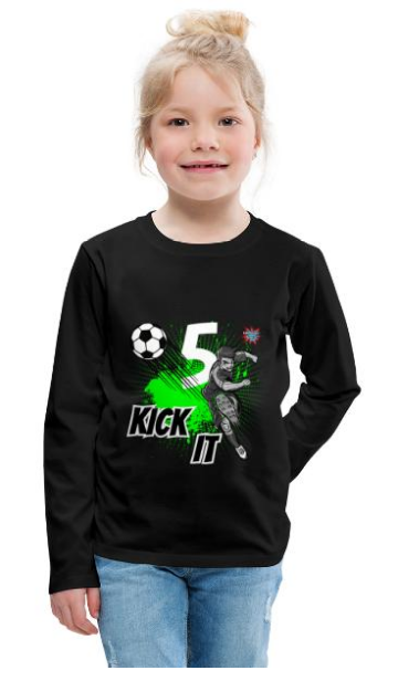Design Fußball Geburtstag T-Shirt Langarmshirt Kinder schwarz mit Spruch Kick it 5 Jahre Logo UpNDownSports