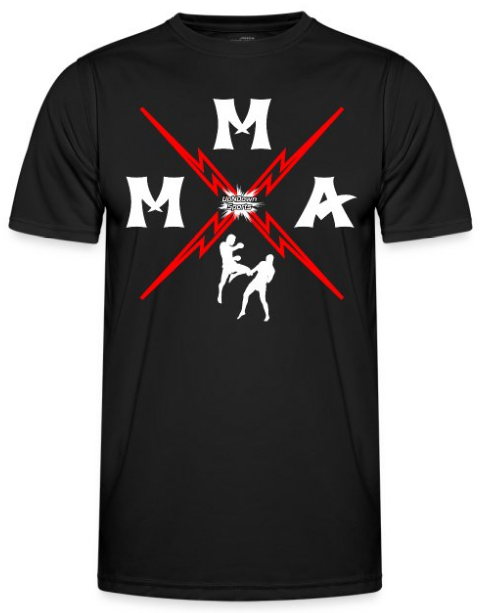 Design T-Shirt schwarz MMA Mixed Martial Arts Motiv Buchstaben M M A mit Blitzen und Kampfszene Kämpfer Logo UpNDownsports