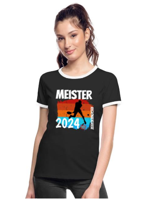 Design Meister oder Aufsteiger T-Shirt Frauen schwarz für Tennis mit Tennisspieler farbenfroher Hintergrund Logo UpNDownSports