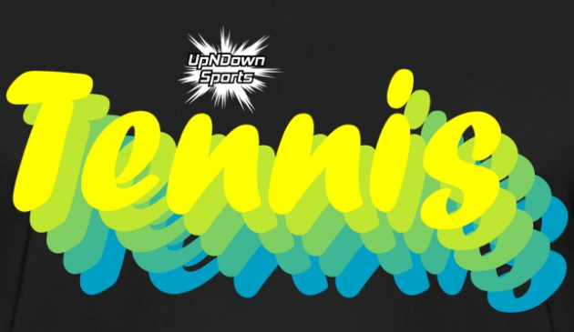 Design schwarzer Hintergrund Tennis Schrift mit Farbverlauf Gelb Blau Logo UpNDownsports