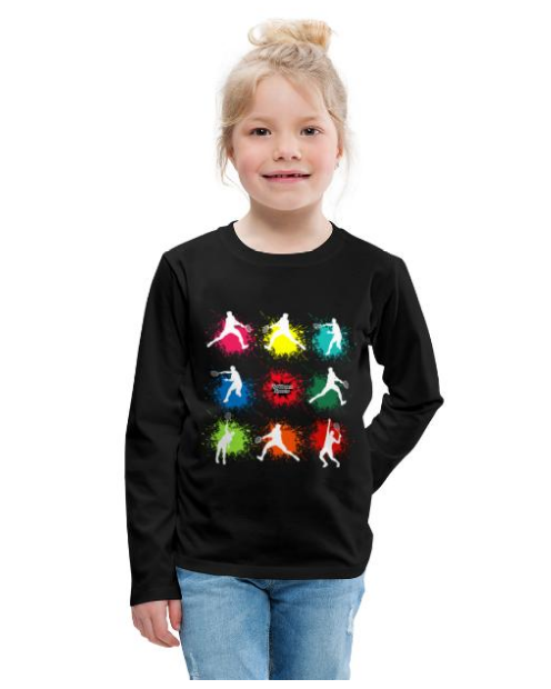 Design Tennis Langarmshirt schwarz Kinder Mädchen Tennisspieler in verschiedenen Posen mit farbenfrohem Hintergrund splash