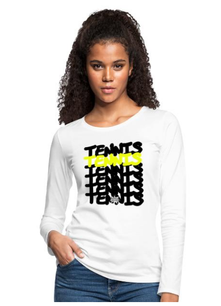 Design Tennis Langarmshirt weiß Frauen mit Schrift Tennis in Schwarz und Gelb