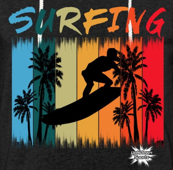Design T-Shirt Hintergrund schwarz Schrift Surfing Motiv Surfer mit Palmen und vielfarbigem Hintergrund Logo UpNDownSports