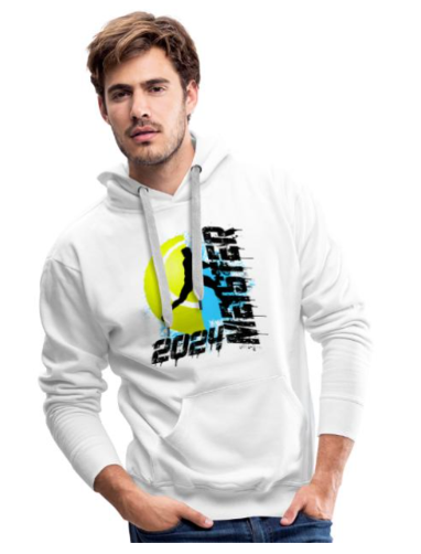 Design Meister oder Aufsteiger Hoodie weiß für Tennisspieler mit Tennisball und blauem Hintergrund