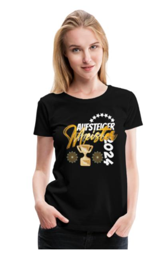 Design Meister oder Aufsteiger T-Shirt schwarz für Tennisspielerin mit Pokal und Feuerwerk